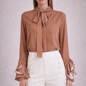 Alexis brown dotted 2 way wear tie neck ruffled sleeve blouse